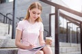 Modern young woman using new devices Royalty Free Stock Photo