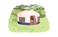 Modern yurt in nature. Nomadic house outdoors. Camping tent, remote fabric home in village for summer tourism