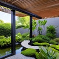 A modern, Zen-inspired garden with a koi pond, stone pathways, and lush greenery2, Generative AI