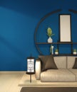 Modern Zen living room interior, white sofa and decor Japanese style on room dark blue wall background. 3d rendering