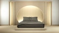 Room Modern zen peaceful Bedroom. japan style bedroom with shelf circle wall design hidden light and decoration japanese style. 3D