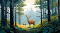 Modernism Illustration: Graphic Contour Oil Painting Of Two Deer In Forest