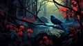 Modernism Illustration Of A Tranquil Blue Bird In The Forest