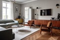 modernist apartment, with sleek and minimalist design, featuring vintage art deco furniture