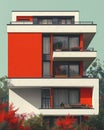 Modernist Art Deco Style Painting Depicting a 1-Story Building with Red and White Walls and Geometric Shapes Royalty Free Stock Photo