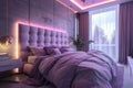 Modernist bedroom with purple lighting and contemporary furniture