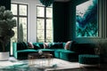 Modernist Emerald and Grey Living Room Interior Design with Abstract Painting, Royalty Free Stock Photo