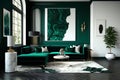 Modernist Emerald and Grey Living Room Interior Design with Abstract Painting, Royalty Free Stock Photo