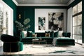 Modernist Emerald and Grey Living Room Interior Design with Abstract Painting, Royalty Free Stock Photo