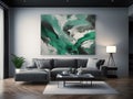 Modernist Emerald and Grey Living Room Interior Design with Abstract Painting, Royalty Free Stock Photo