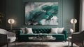 Modernist Emerald and Grey Living Room Interior Design with Abstract Painting, Royalty Free Stock Photo