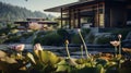 Modernist Landscape: Lush Lotus Plants In Front Of A House