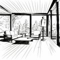 Modernist Living Room Sketch With Glass Window And Outdoor Scene