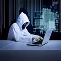 Modernized hacker with hoodie. Concept of dark web, cybercrime, cyberattack. AI generated image