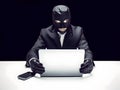 Modernized hacker with laptop. Concept of cybercrime, cyberattack. AI generated image