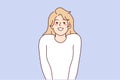 Modest attractive woman stands in shy pose pressing hands to body, sincerely smiling. Vector image