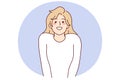 Modest attractive woman stands in shy pose pressing hands to body, sincerely smiling. Vector image