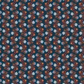 Modest botanical fabric pattern Simple white blue orange red flowers flat lay on a dark blue background