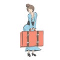 A modest girl holds a suitcase in front of her.