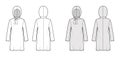 Modest hijab tunic technical fashion illustration with tie, long sleeves, oversized, under-the-knee length, hood apparel