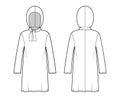 Modest hijab tunic technical fashion illustration with tie, long sleeves, oversized, under-the-knee length, hood apparel