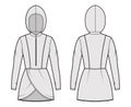 Modest hijab tunic technical fashion illustration with zip henley neck, long sleeves, fitted body, petals hem, hood.