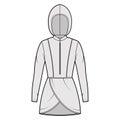 Modest hijab tunic technical fashion illustration with zip henley neck, long sleeves, fitted body, petals hem, hood.