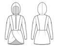 Modest hijab tunic technical fashion illustration with zip henley neck, long sleeves, fitted body, petals hem, hood.