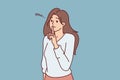 Modest woman puts finger to lips wanting to keep secret or calm interlocutor. Vector image