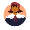 Modest young girl, head avatar. Cute sweet woman in romantic outfit, French beret hat, collar. Humble timid female