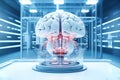 Modified brain behind transparent glass in a futuristic laboratory background. Concept of biohacking, bioengineering, Royalty Free Stock Photo