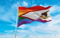 modified flag of American Samoa state, USA with rainbow LGBT pride flag at cloudy sky background on sunset, panoramic view. copy