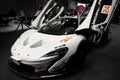 Modified track white McLaren P1 displayed in Dubai Car Show - high-performance exotic cars Royalty Free Stock Photo