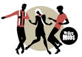 We are Mods. Silhouettes of two guys and girl wearing retro clothes in the 1960s Mod style dancin