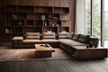Modular corner sofa in spacious room. Minimalist home interior design of modern living room