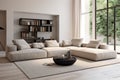 Modular corner sofa in spacious room. Minimalist home interior design of modern living room