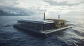Modular Floating Structure on Calm Ocean Near Snow Capped Mountains