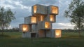 Modular housing design with stacked concrete units illuminated at dusk