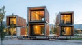 Modular housing design with stacked units in wood and concrete, illuminated by warm evening light, creates cozy