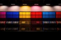 Modular Modern Colorful Bookshelf with Illuminated Geometric Design in a Stylish Interior Creating a Vibrant and Minimalist
