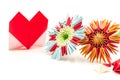 Modular origami flower with paper valentine isolated on white background Royalty Free Stock Photo