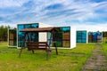 Modular prefabricated houses made of panels with large panoramic windows Royalty Free Stock Photo