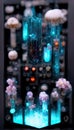 Modular rack moog with wires, fiber optic and glass tubes, glowing light bulbs. Generative Ai Royalty Free Stock Photo