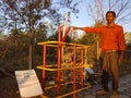Modular science project model presenting by indian man at green park in India January 2020