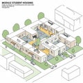 Modular student housing concept in a cubic shape with interlinked units surrounding Royalty Free Stock Photo