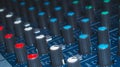 Modular synthesizer colorful buttons audio mixer, music equipment. recording studio gears, broadcasting tools, mixer, synthesizer.