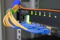 The modules for high-speed server interface are close-ups. Technological concept of data transfer. Fiber optic internet wires are Royalty Free Stock Photo