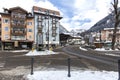 Moena, Trentino, Alps, Dolomiti, Italy-4 February, 2018: Street of the city of Moena. Winter city in the mountains. Snow-capped ci Royalty Free Stock Photo