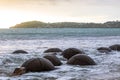 Moeraki boulders on the shore of the Pacific Ocean. New Zealand Royalty Free Stock Photo