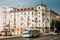 Mogilev, Belarus. City Trolleybus Moving On Pervomayskaya Street In Summer Day